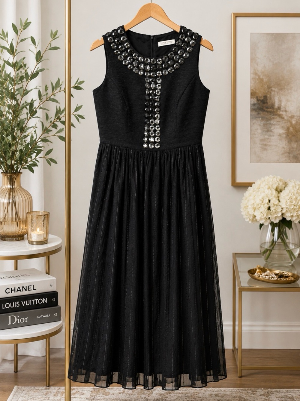 Badgley Mischka Black Sleeveless Jewel-Trim Cocktail Dress